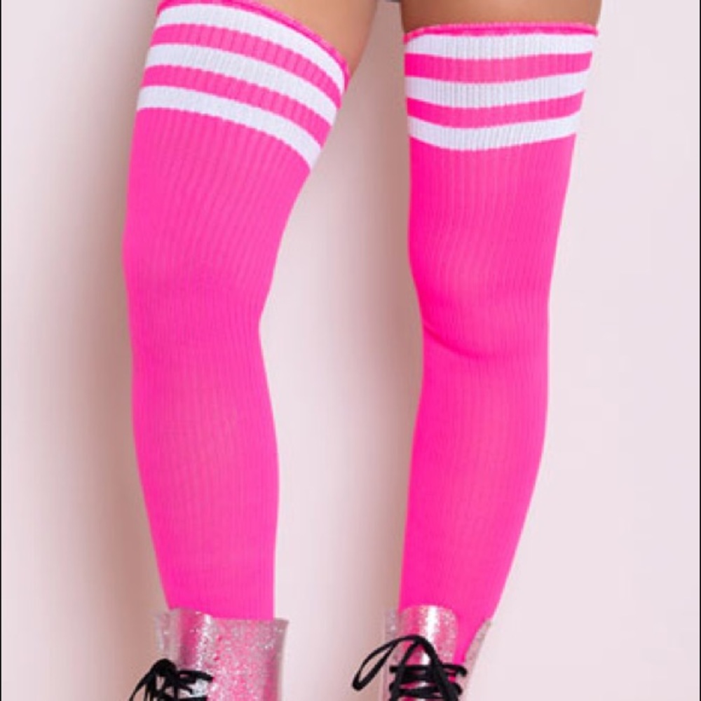 Tall Hot Pink Thigh High Socks w White Stripes NEW